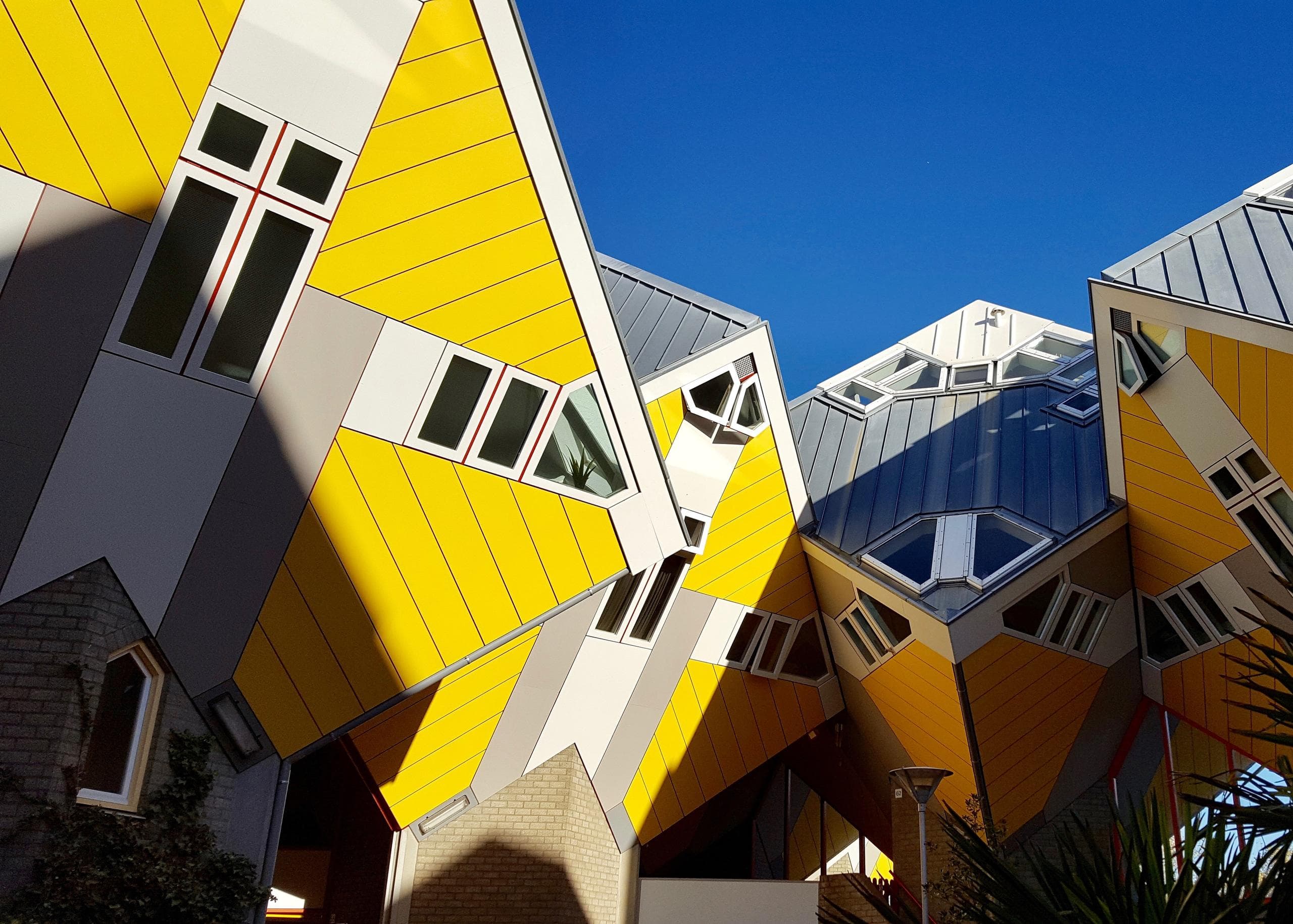 Bright yellow cube houses in Rotterdam architectural exterior scene