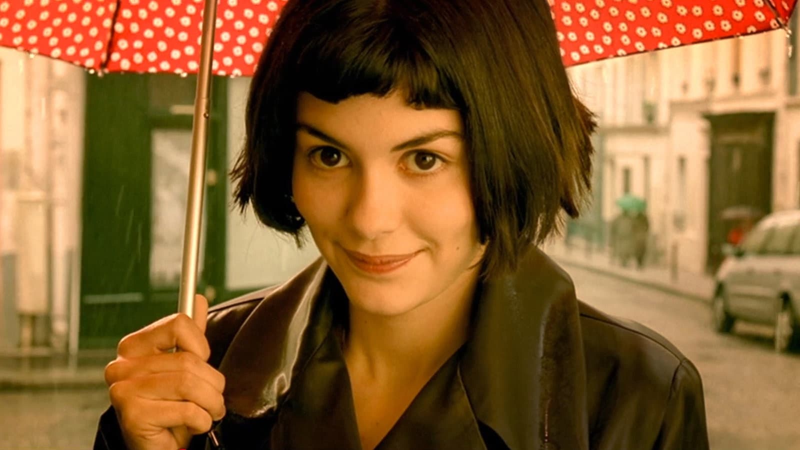 Woman with red umbrella on Paris street, cinematic walking tour