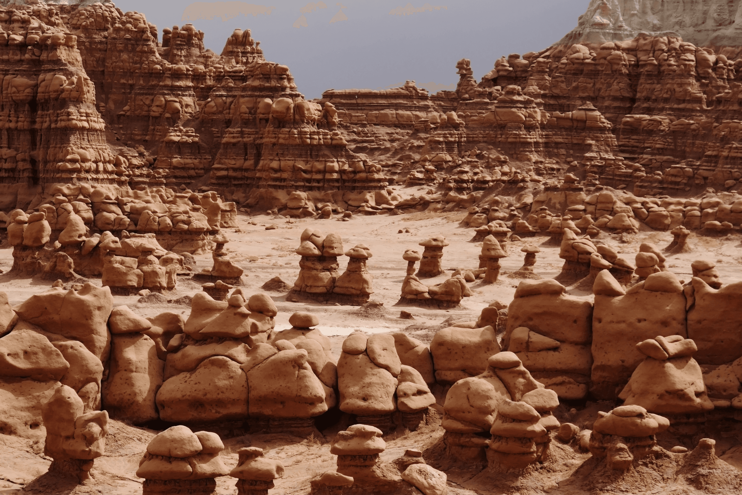 Cluster of Utah desert hoodoos in eroded sandstone badlands panorama