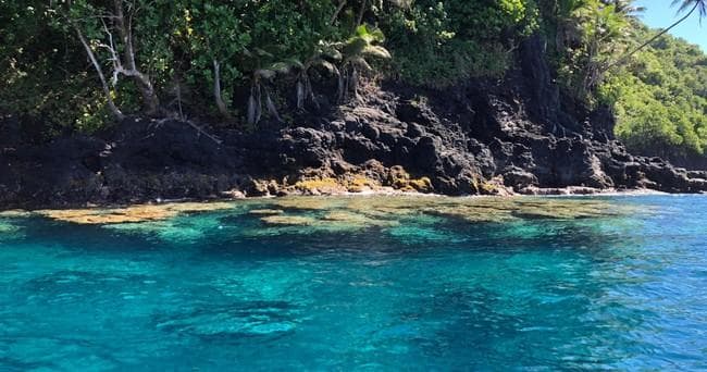 Turquoise coastal snorkeling waters beside rocky tropical shoreline
