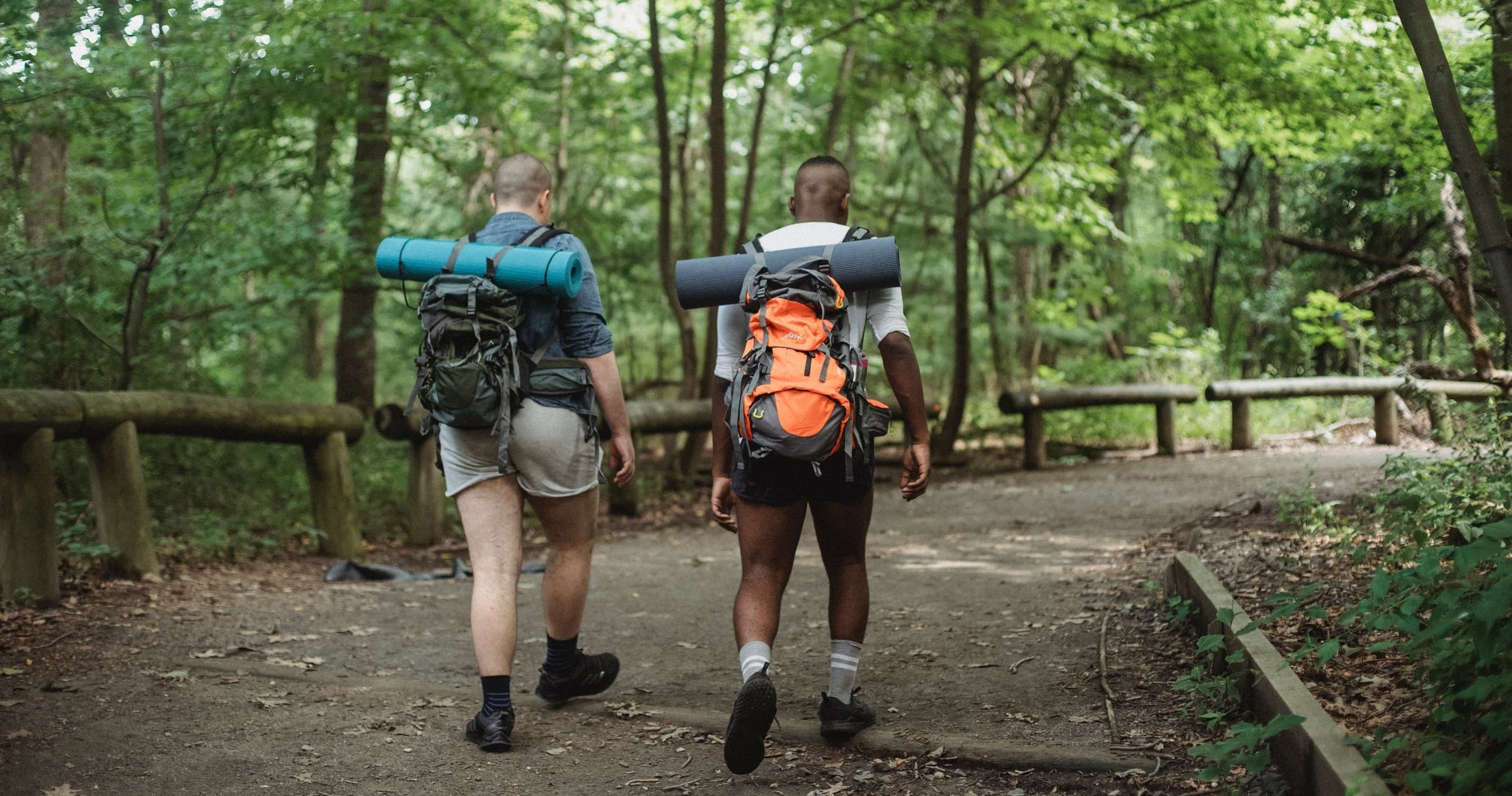 Backpackers hiking wooded trail in forest for multi-day trek