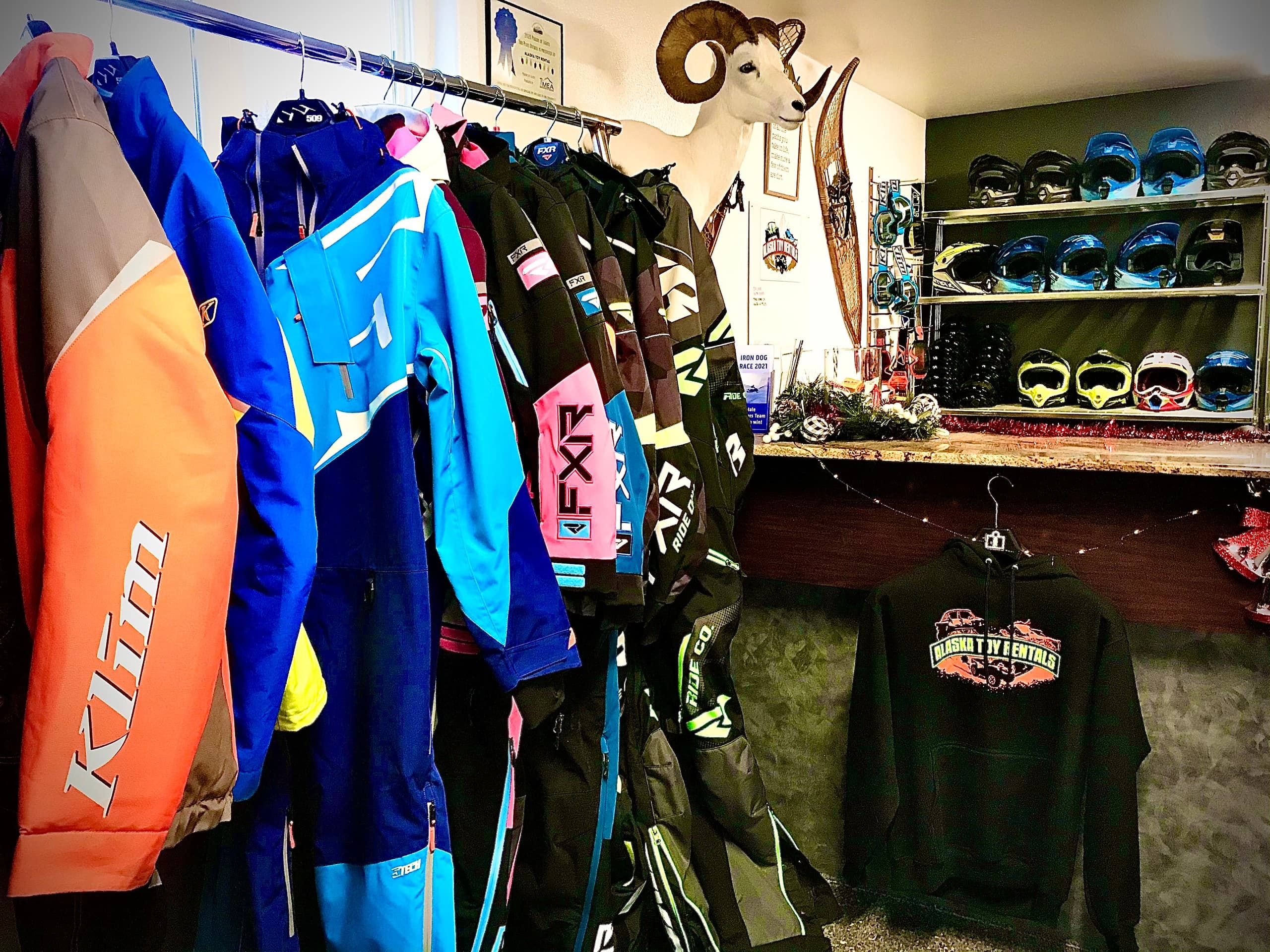 Colorful snowmobile angled for ride, alpine trail adventure