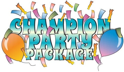 Champion party package logo with balloons and confetti