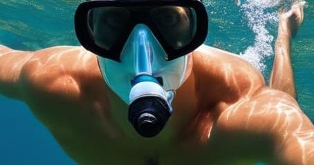 Snorkeler with full-face mask exploring clear shallow reef