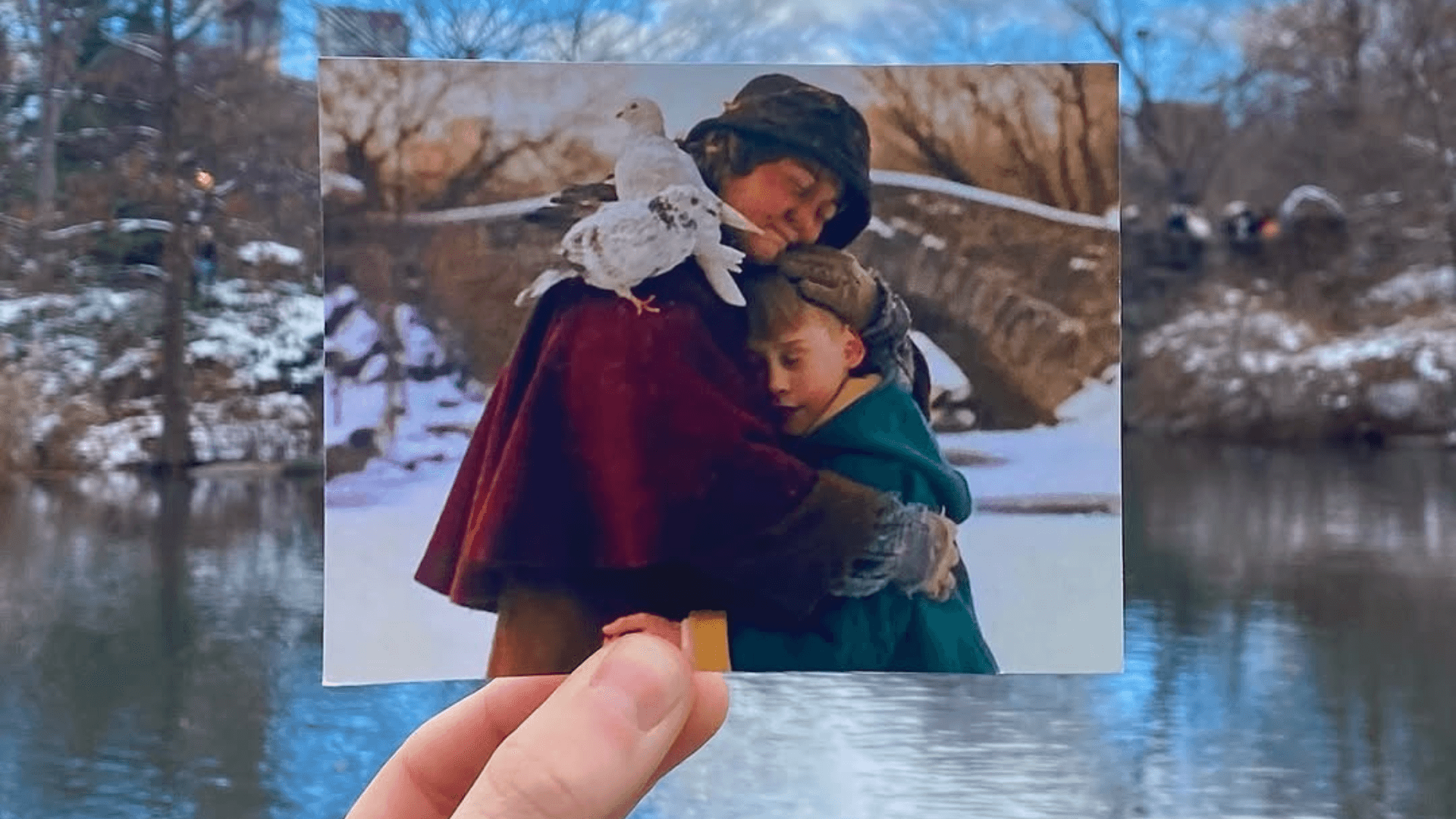 Person holding winter lake photo overlooking snowy park scene