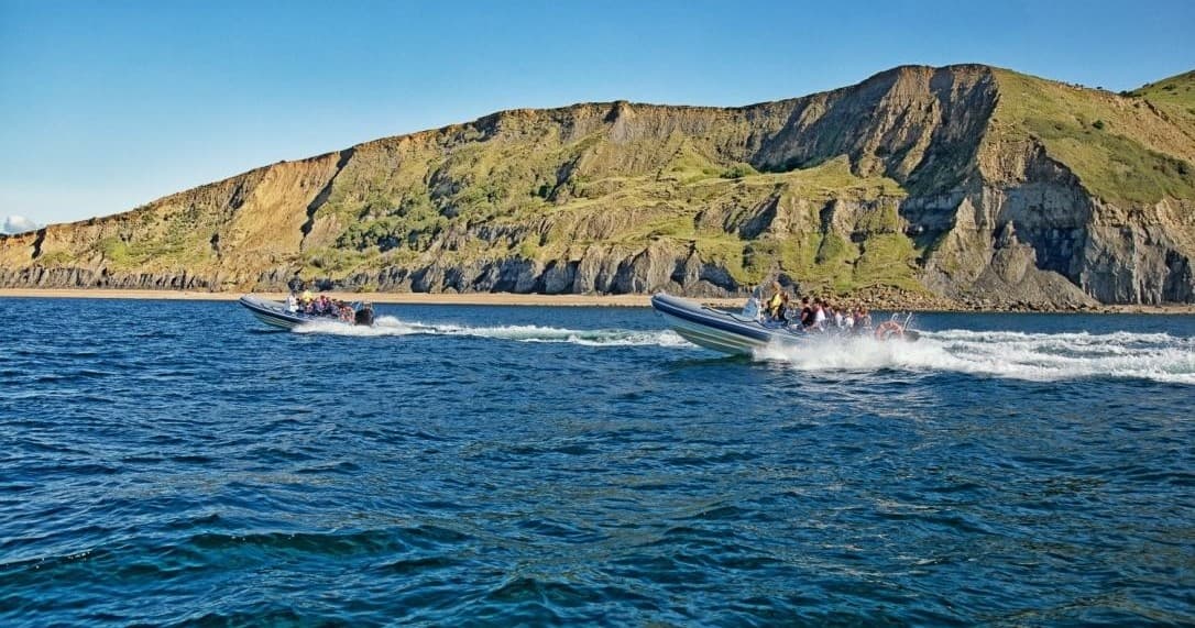 RIB speeding past dramatic coastal cliffs on Lyme Bay tour