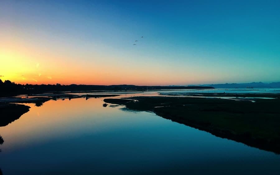 Sunset over coastal marshes and tidal river, panoramic view