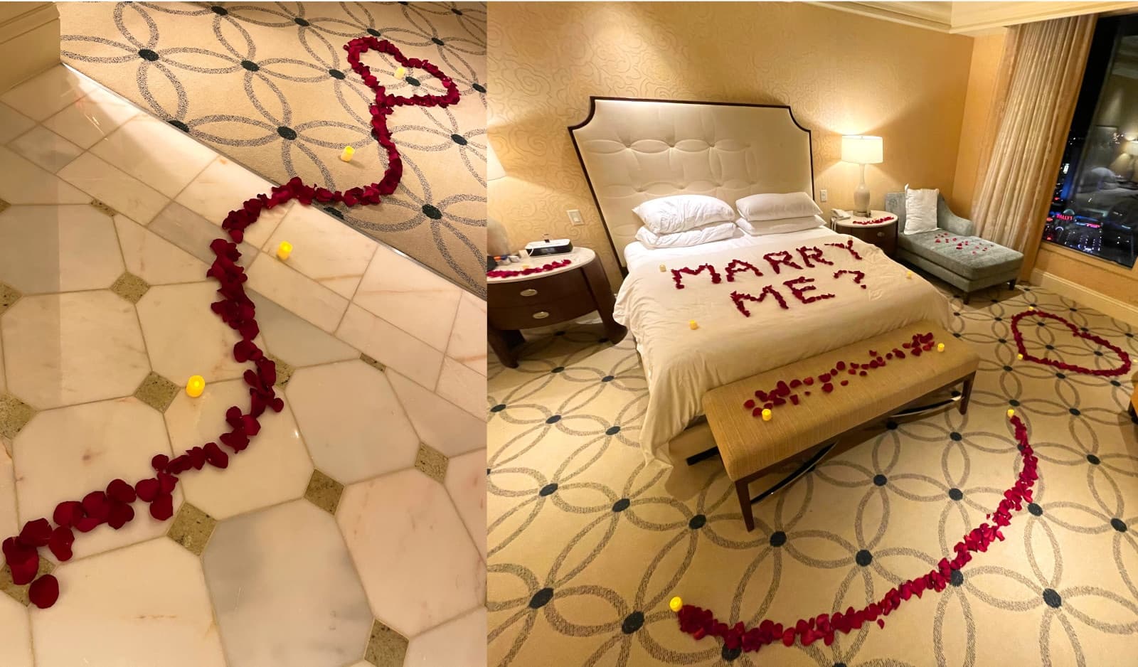 Romantic Marriage Proposal Decor in Las Vegas Hotel Rooms