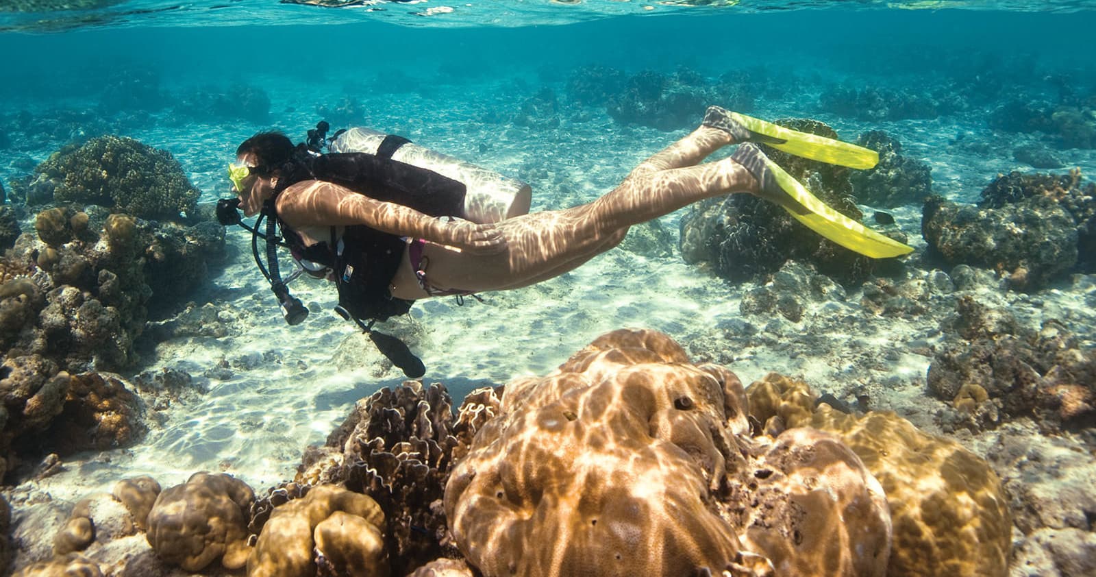 Scuba diver exploring coral reef underwater with fins