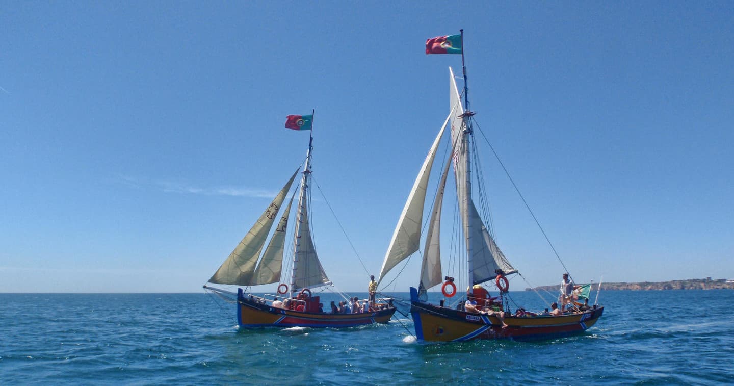 Two sailboats cruising blue ocean under clear sky, coastal trip