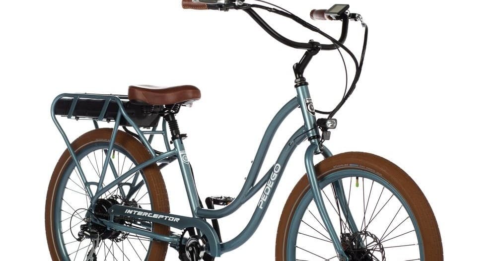 Electric cruiser bicycle studio product shot with step-through frame