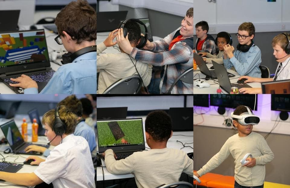 Collage of students gaming and using VR headsets in classroom lab