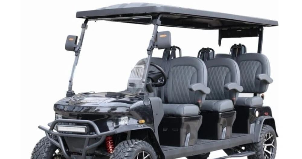 Six-seat golf cart rental on white studio background for coastal tours