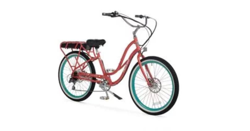 Coral electric beach cruiser bike studio image with teal rims
