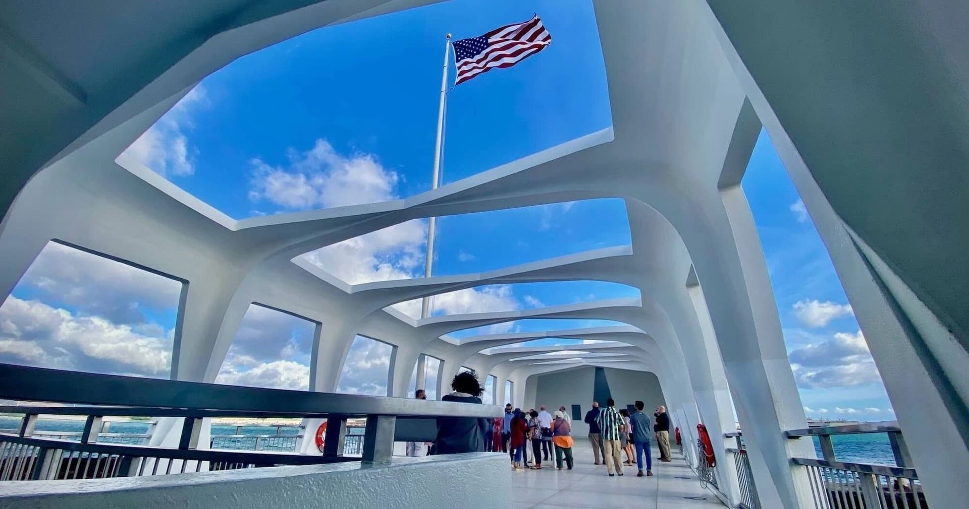 USS Arizona Memorial interior view with American flag, Oahu