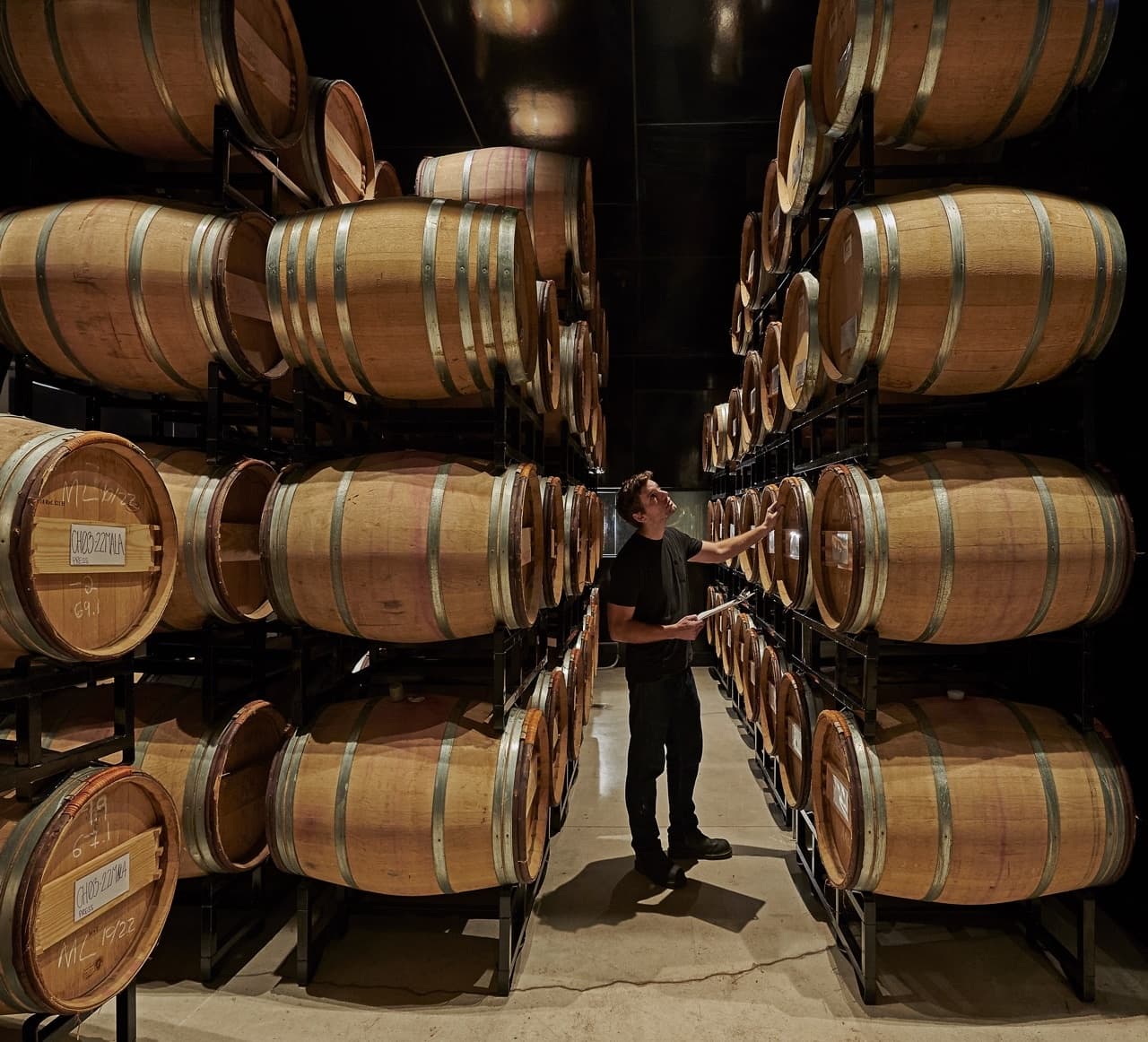 Winery barrels in dim cellar with sommelier inspecting oak casks