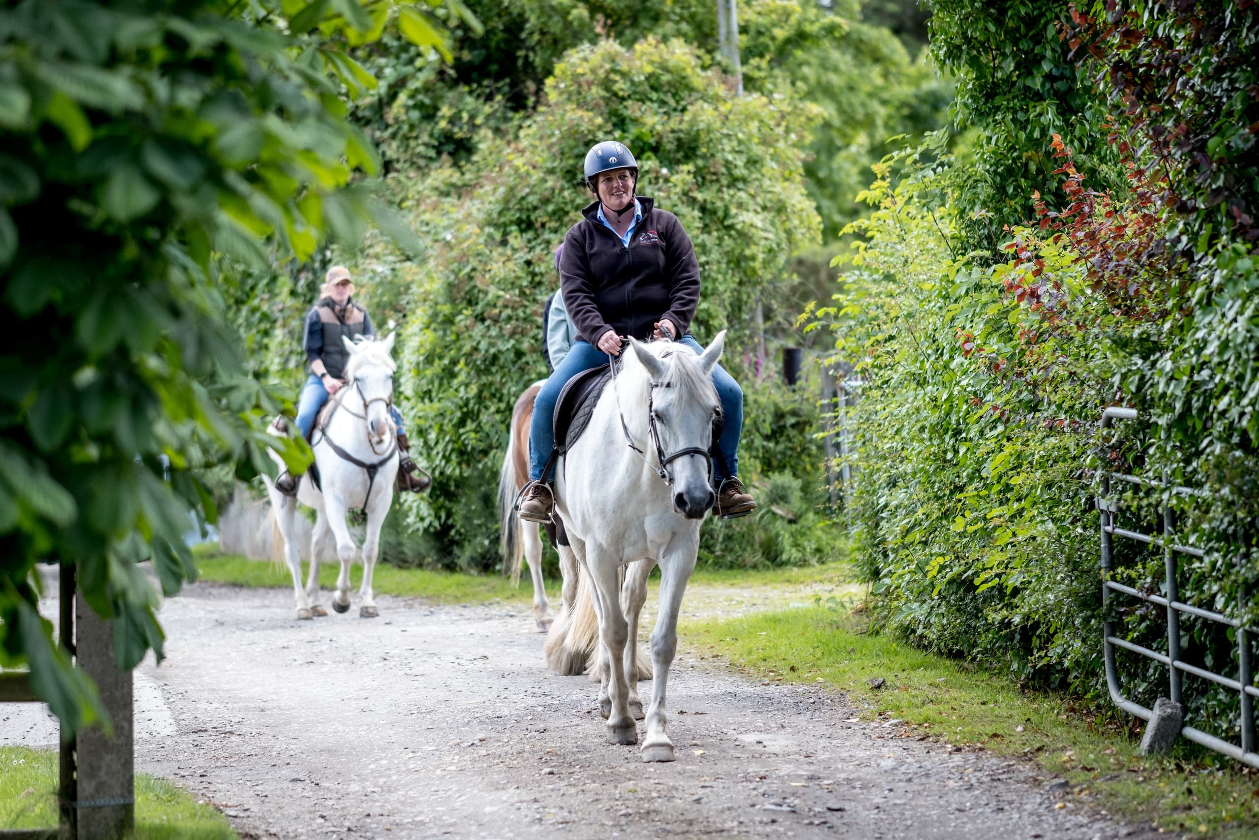 Leisure horseback ride along tree-lined rural pathway in green countryside