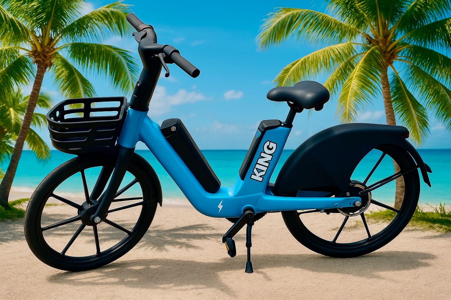 Blue electric beach bike by palm trees on sandy shore
