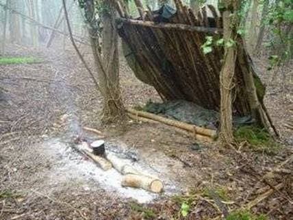 Primitive lean-to shelter beside smoky campfire in Tasmanian bushland