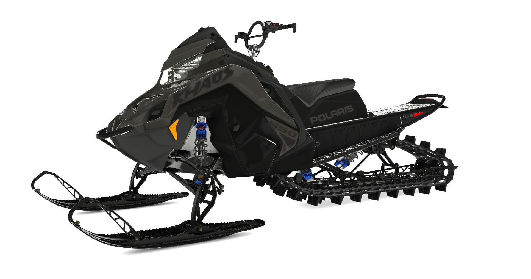 Black snowmobile angled on white background, track and suspension visible