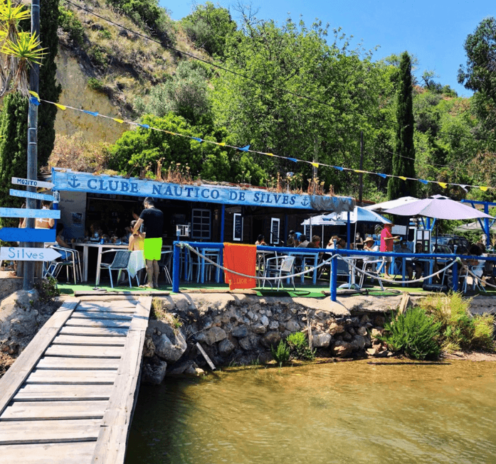 Lakeside dock café and small marina for casual waterfront relaxation