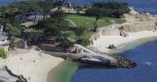 Aerial view of Lovers Point cove and coastal cliffs, Monterey