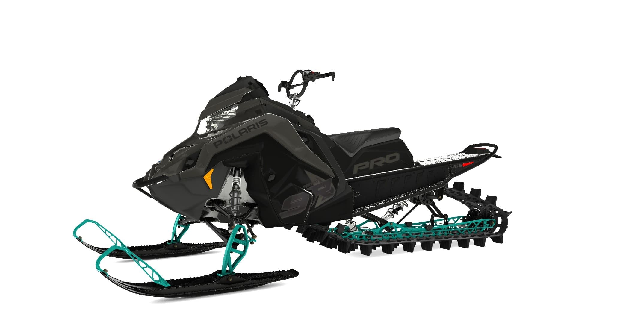 Black snowmobile with teal skis on white background, product shot