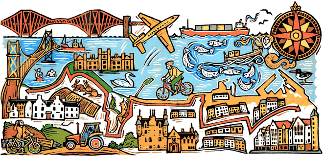 Illustrated coastal bike tour map of Edinburgh landmarks