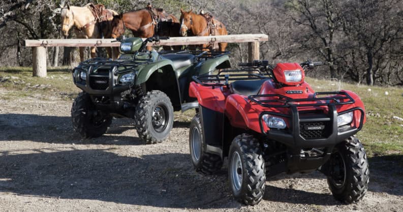 Two ATVs parked near horses on a rural ranch trail