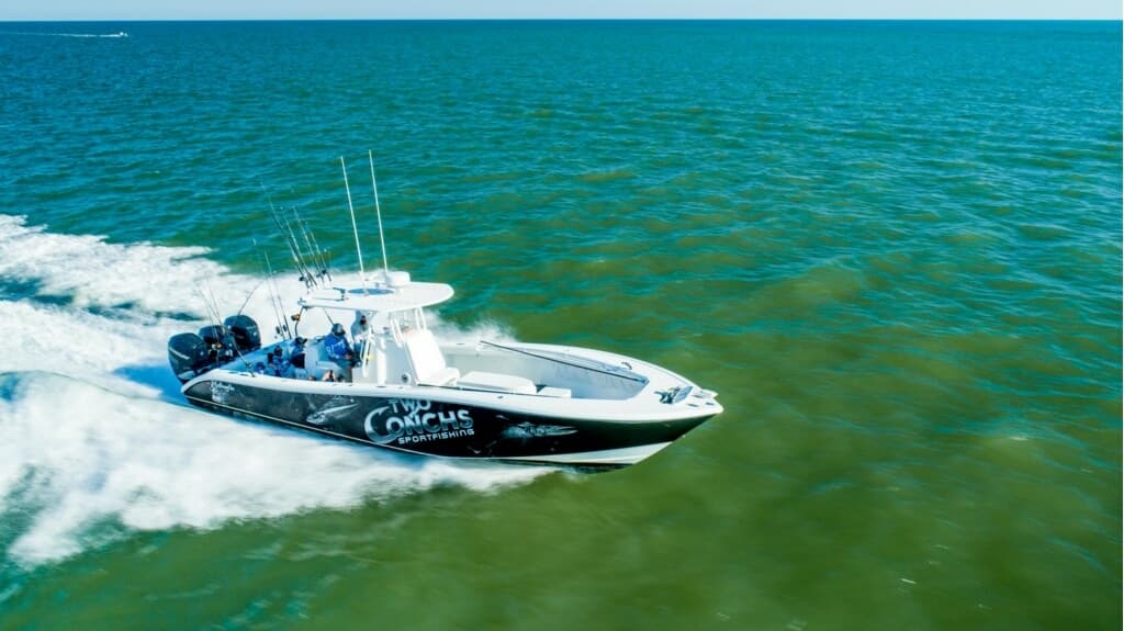 Powerboat tour speeding across coastal waters off St. Augustine, Florida
