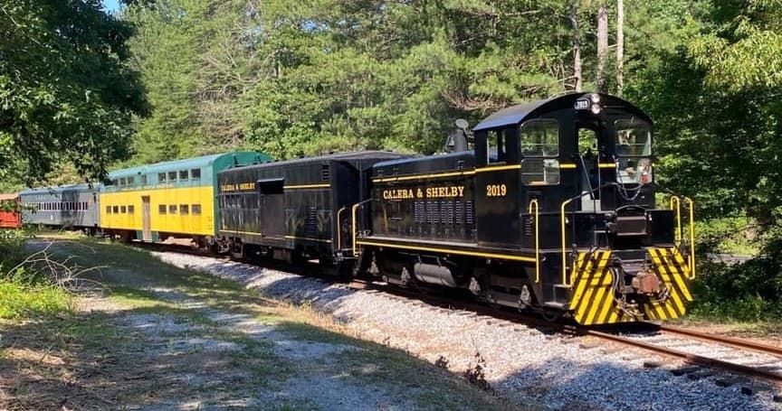Heritage train rolling through forested countryside on tracks
