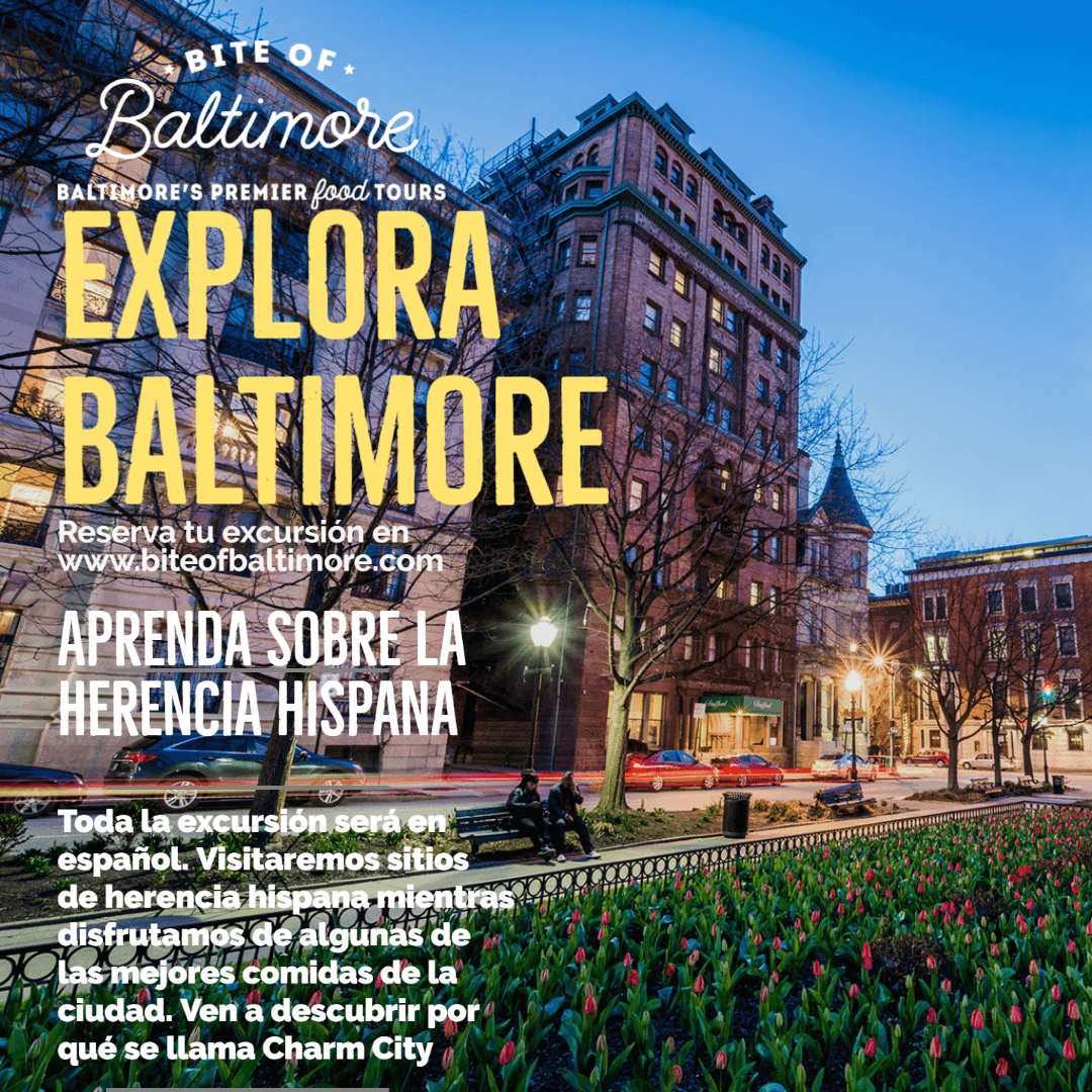 Explora Baltimore walking tour: historic street, tulips at dusk