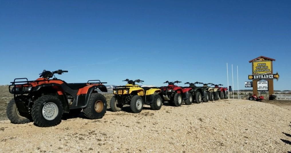 Line of ATVs parked on open desert trail under blue sky