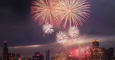 Fireworks over Chicago skyline above lakefront celebration