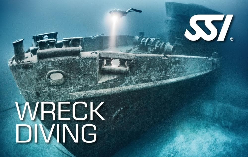 Wreck diving over sunken ship off Lanzarote seabed
