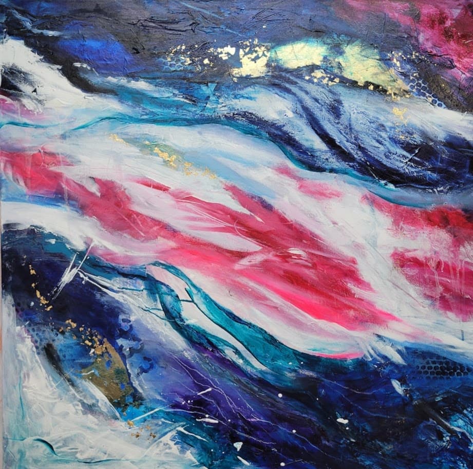 Abstract acrylic seascape painting with vibrant swirls