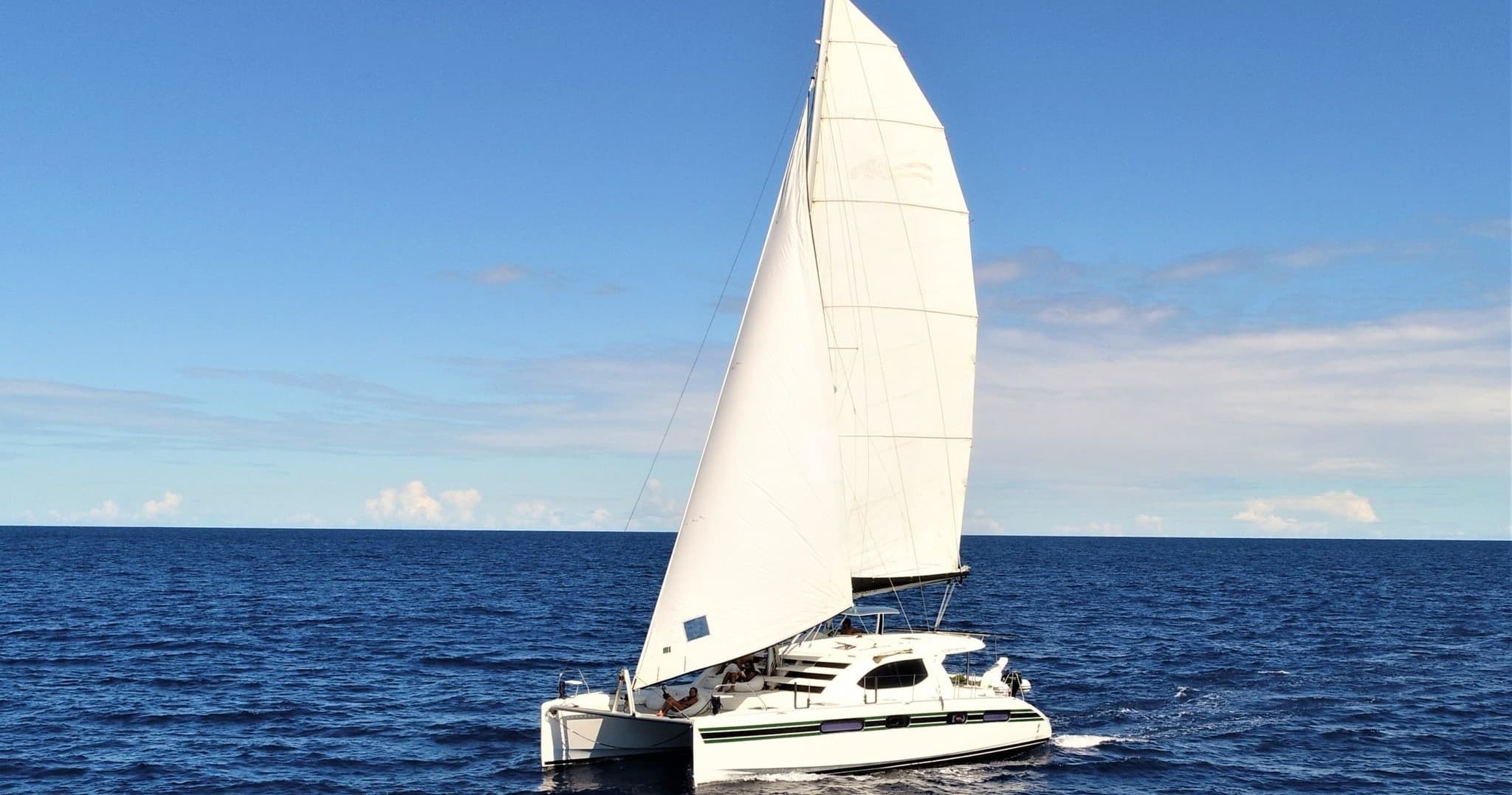 Sailing catamaran cruising open blue ocean under clear sky