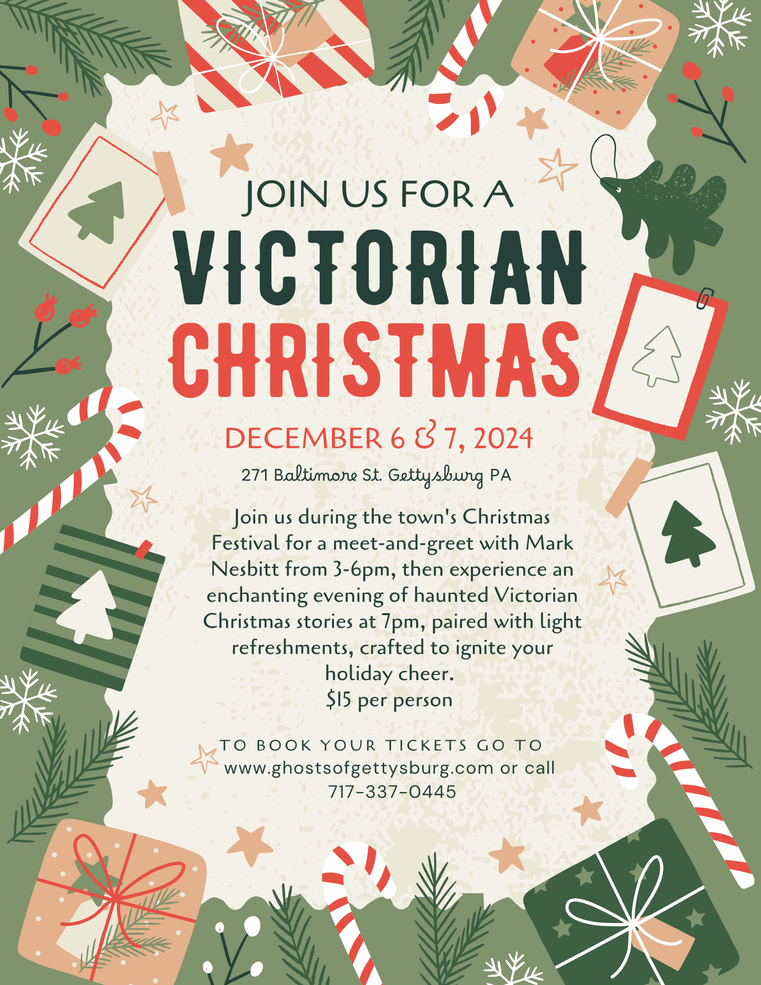 Victorian Christmas event flyer promoting Gettysburg holiday tour