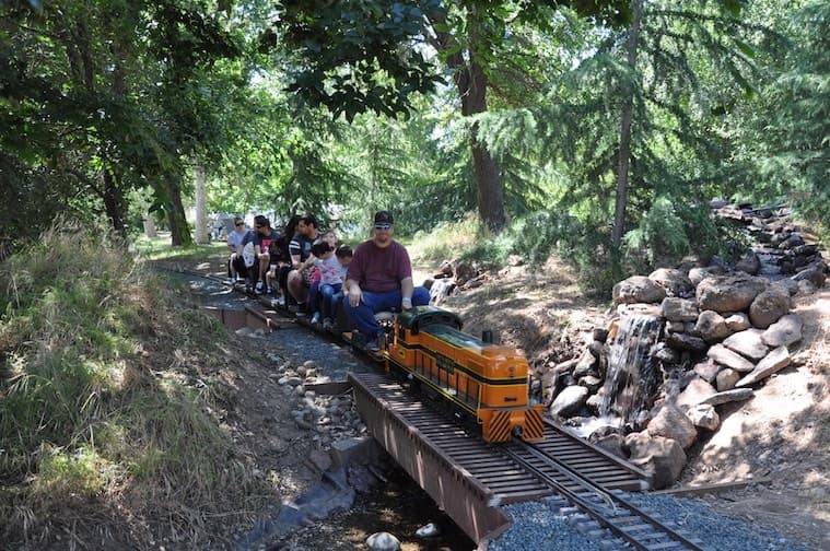 Miniature train with riders crossing forested park bridge