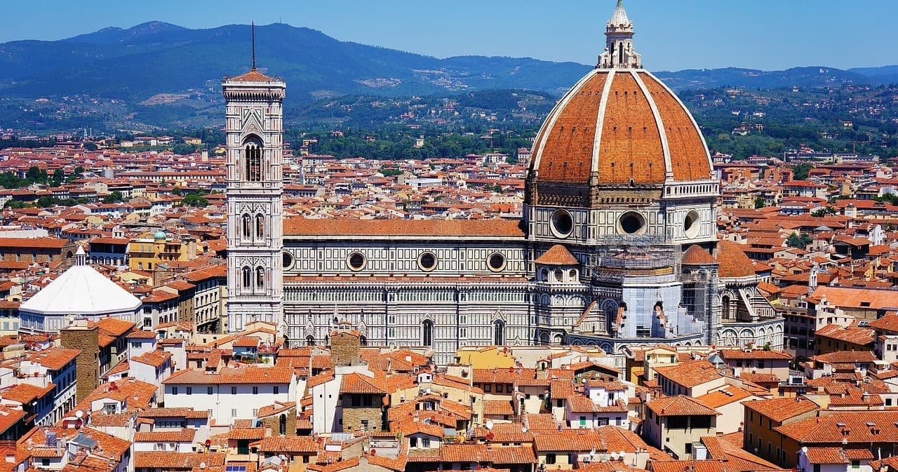 Aerial Florence skyline with Duomo cathedral, panoramic city view