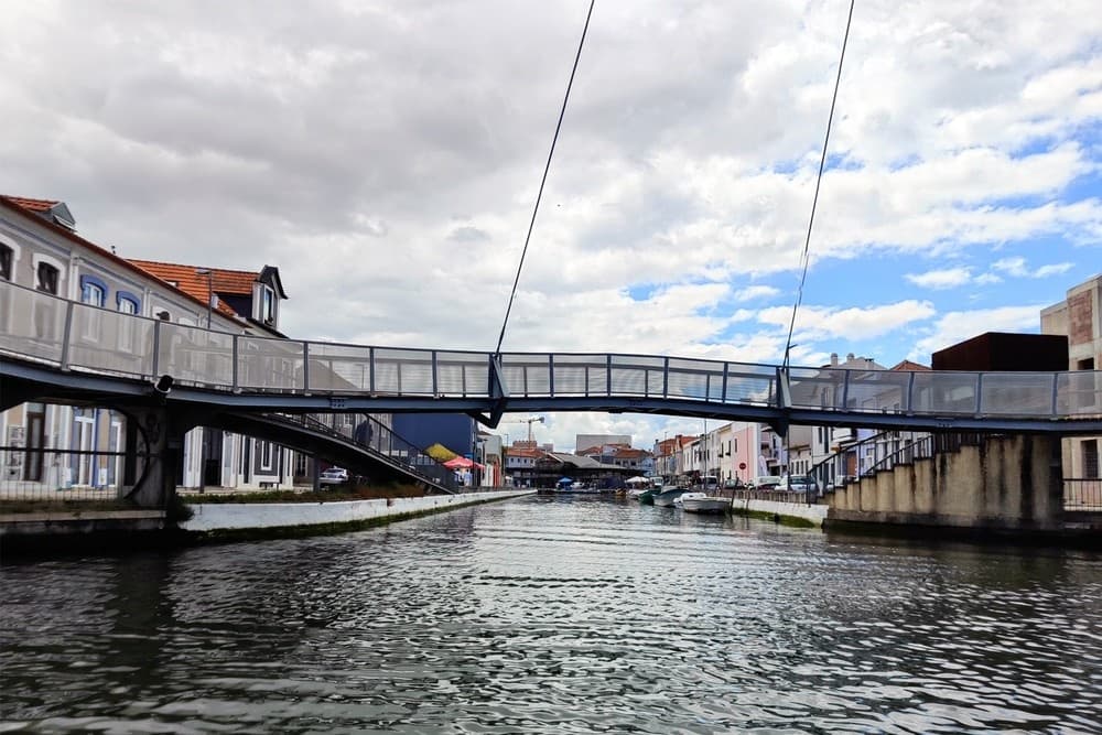 Quiet canal with pedestrian bridge in urban waterfront