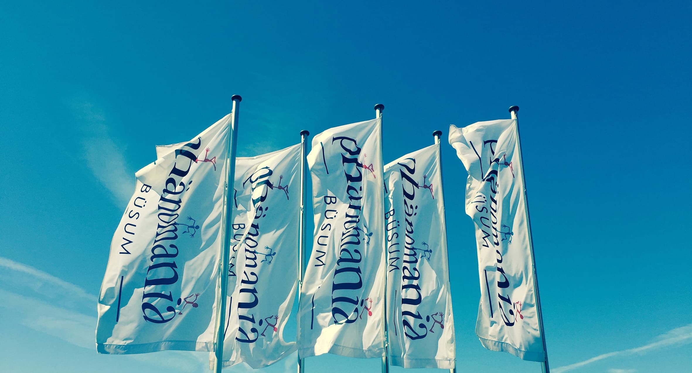 Waving promotional flags at coastal Buesum beach under blue sky