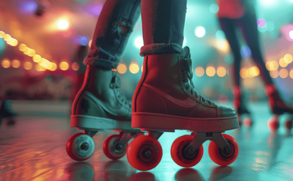 Quad roller skates on indoor rink with festive lights and motion