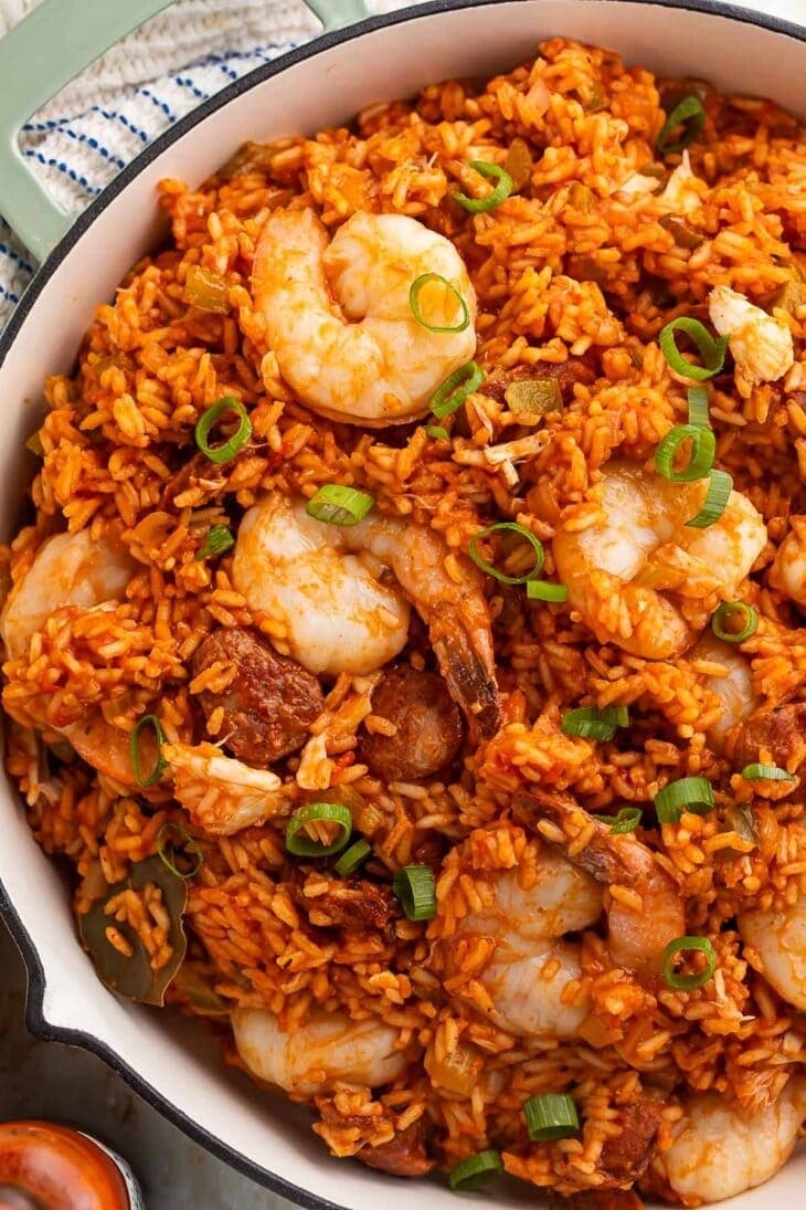 Hearty shrimp and rice jambalaya plated for New Orleans tasting