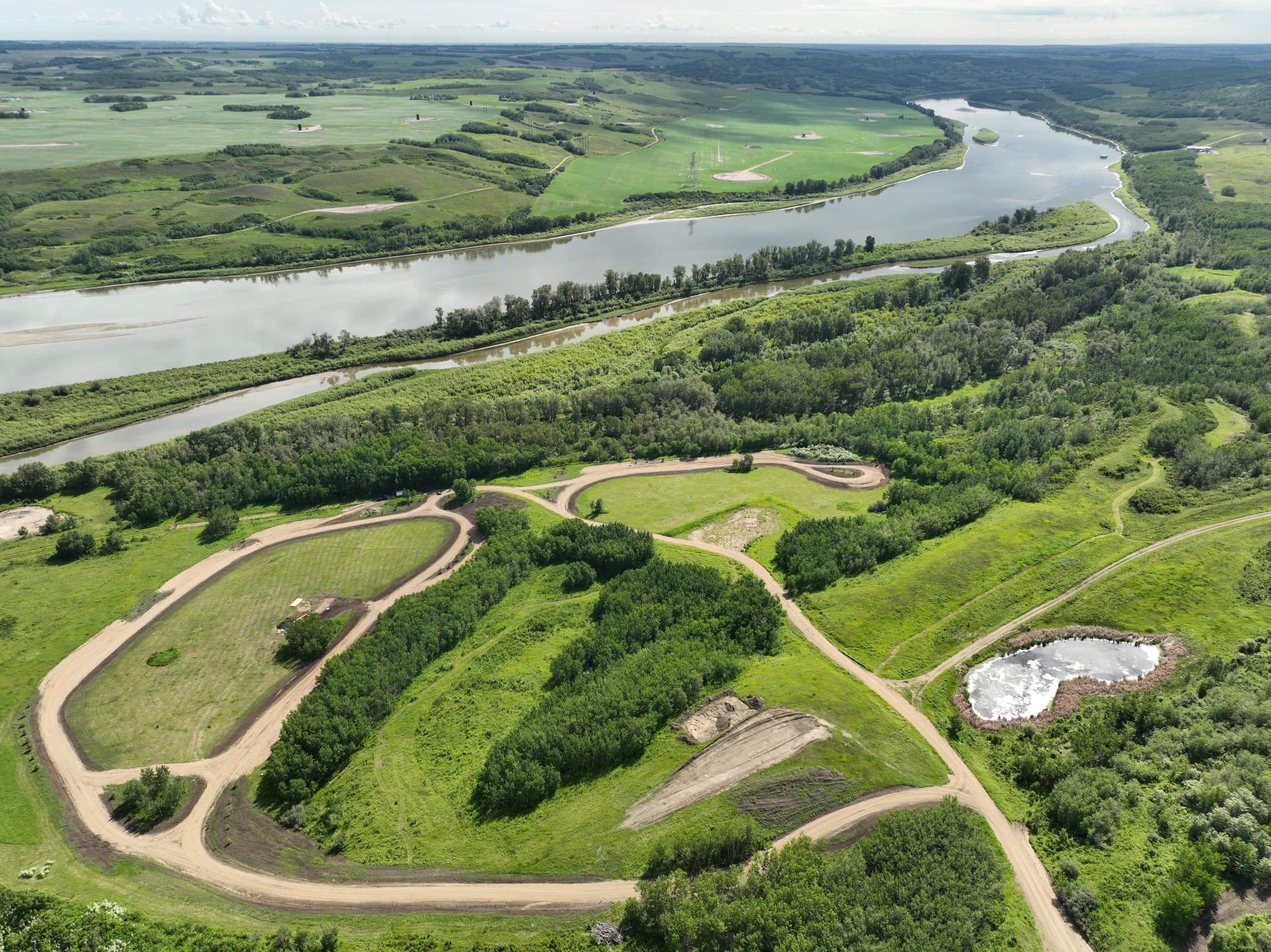 Aerial view of Riverbend campground and winding river valley