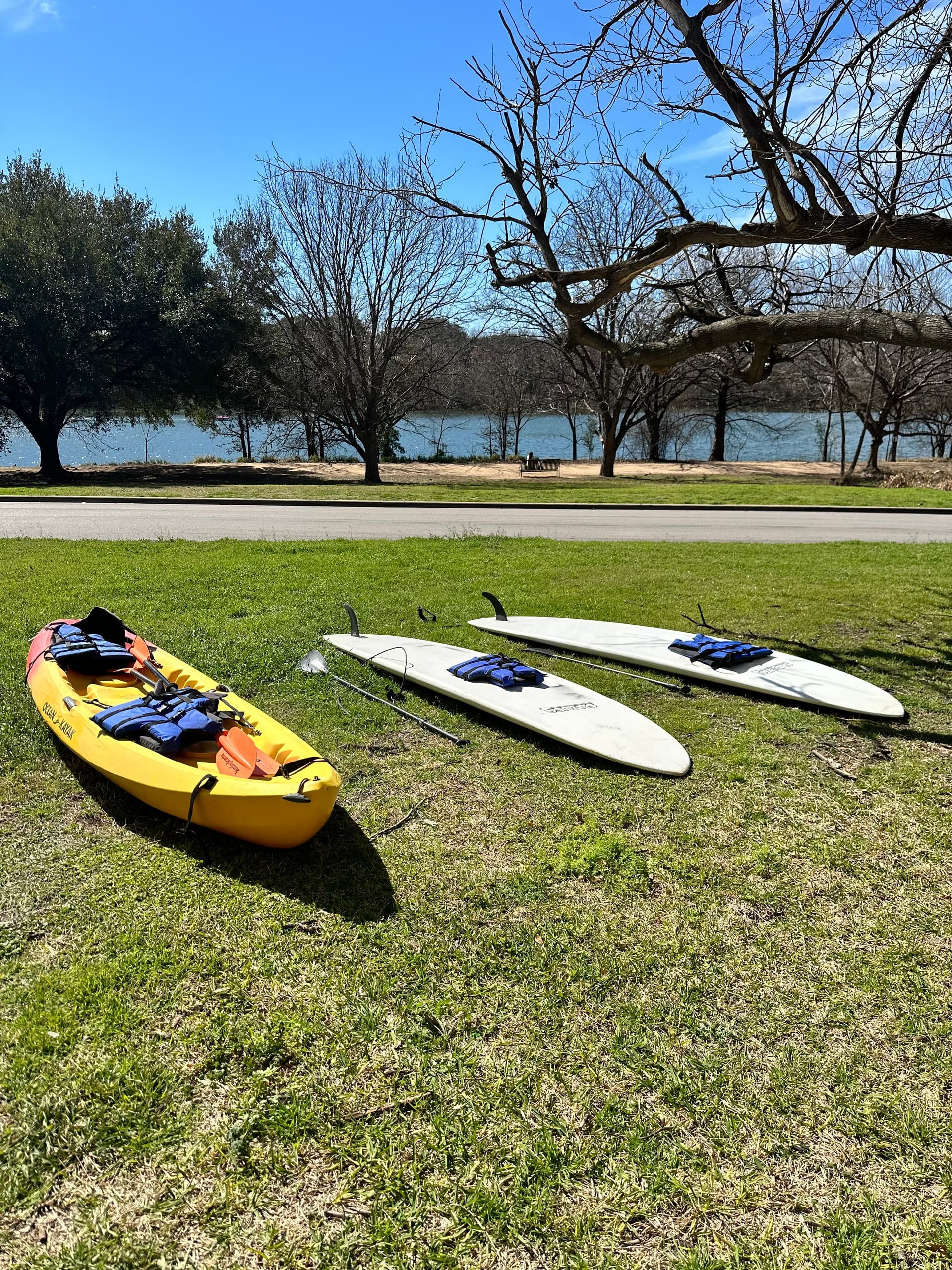Kayak and paddleboards on Lady Bird Lake shore, ready to launch