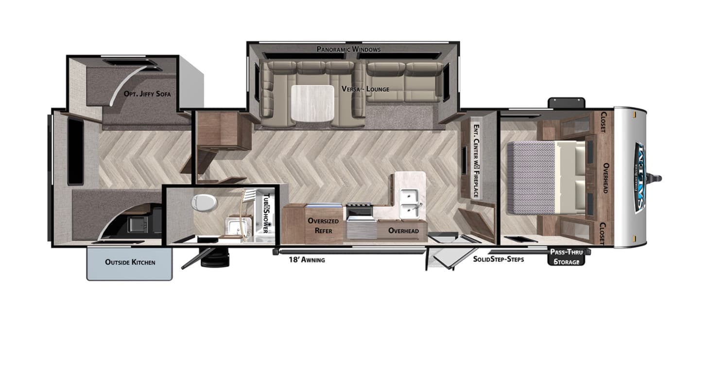 Fifth-wheel RV floorplan showing bedroom and slide-out layout