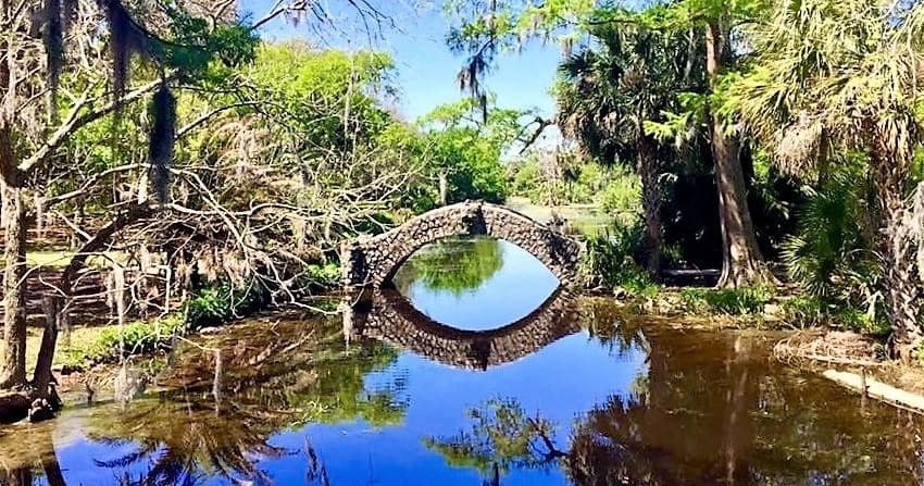 Scenic cypress swamp with stone bridge reflecting in calm water