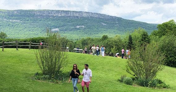 Visitors strolling vineyard lawns with distant mountain views