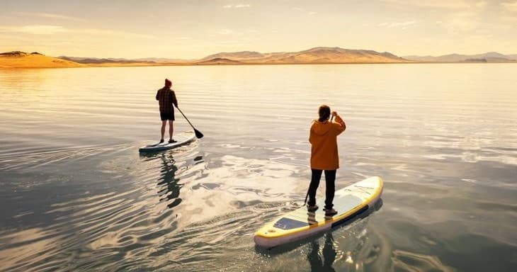 Stand-up paddleboarding on Hood Canal at sunset with mountain shoreline